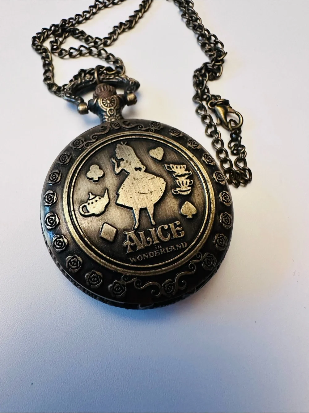 Bronze Alice in Wonderland Pocket Watch with chain 28” NEW UNTESTED NO BOX